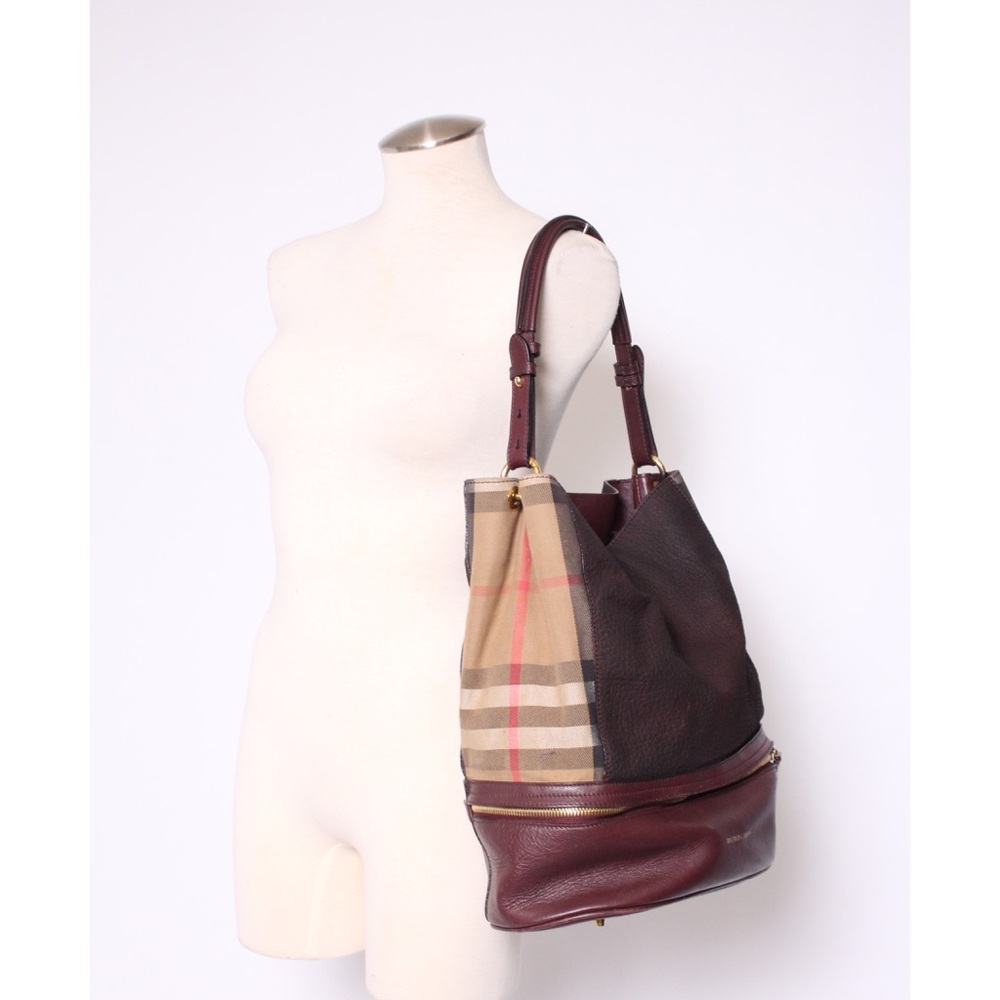 Burberry Leather & Check Canvas Bucket Bag